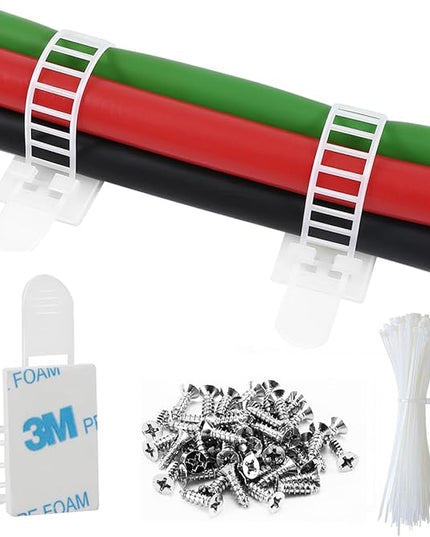 50Pcs Adhesive Cable Management Clips with 50Pcs Zip Ties, Adjustable Nylon Cable Strap Ties Wire Clips Clamps Organizer, Extra Screw & Hole - 3.55 Inch White