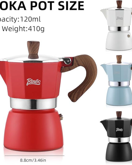 Bincoo Espresso Maker Stovetop,Camping Moka Pot 2 Cup/120ML,Stove Top Espresso Italian Coffee Maker,Easy to Use (Red)