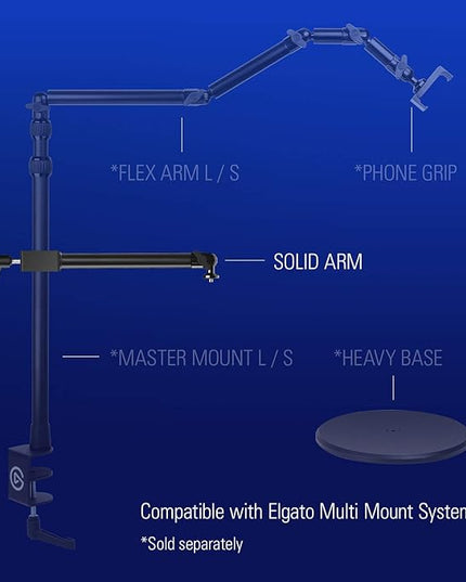 Elgato Solid Arm, Holding Arm with Padded Clamp for Easy Mounting and Adjusting of Lights, Cameras, and Microphones, for Streaming, Videoconferencing, and Studios