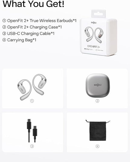 SHOKZ New OpenFit 2+ Open-Ear Headphones, Dolby Audio Enabled, Comfortable Earbuds with Soft Ear Hooks, 48H Playtime, IP55 Water-Resistant, USB-C Fast Charging, Wireless Charging, Carrying Bag, Grey