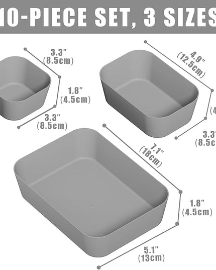 Plastic Drawer Organizers, 10 PCS Drawer Organizer Bins, Bathroom and Vanity Organizer Plastic Tray, Makeup organizer and storage for Makeup, Bedroom, Kitchen Gadgets Utensils and Office (Gray)
