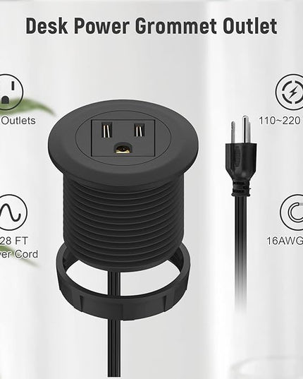 2 inch Desk Power Grommet, Flush-Mount Desk Outlet Build-in 1 US Standard Outlet, Mini Desktop Power Hub Grommet Socket for Desk Nightstand Cabinet Counter, 3.28 FT Heavy Duty Power Cord