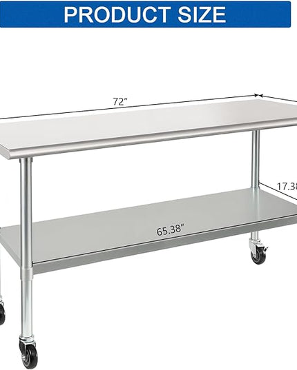 HARDURA Stainless Steel Table with Wheels 24 x 72 Inches Casters NSF Heavy Duty Commercial Work & Prep Table with Undershelf and Galvanized Legs for Restaurant Kitchen Bar and Hotel Garage