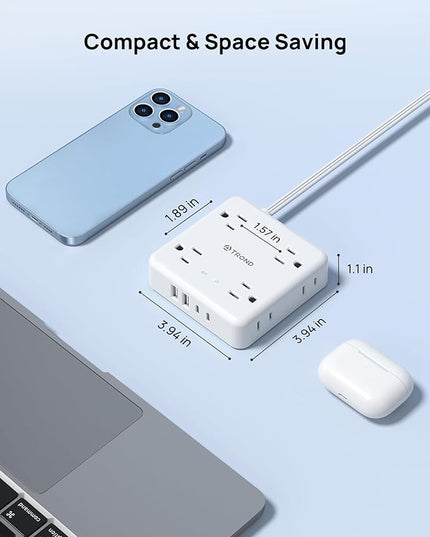 TROND 360° Rotating Plug Power Strip, 5FT Flat Extension Cord with Multiple Outlets 4 USB (2 USB C), Wall Mount Surge Protector 1440 Joules for Home Office Travel Dorm Room Essentials, White