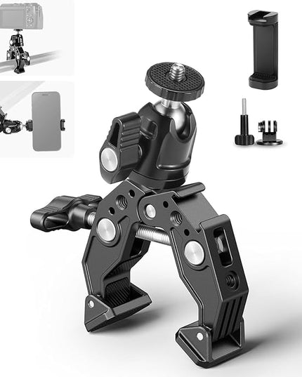 Neewer Super Clamp with Ballhead, Cold Shoe, Phone Holder and Action Camera Mount Adapter for Flat/Round Surface Compatible with GoPro DJI iPhone 15 Pro Max, ST87