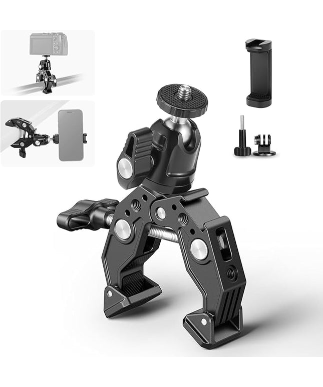 Neewer Super Clamp with Ballhead, Cold Shoe, Phone Holder and Action Camera Mount Adapter for Flat/Round Surface Compatible with GoPro DJI iPhone 15 Pro Max, ST87