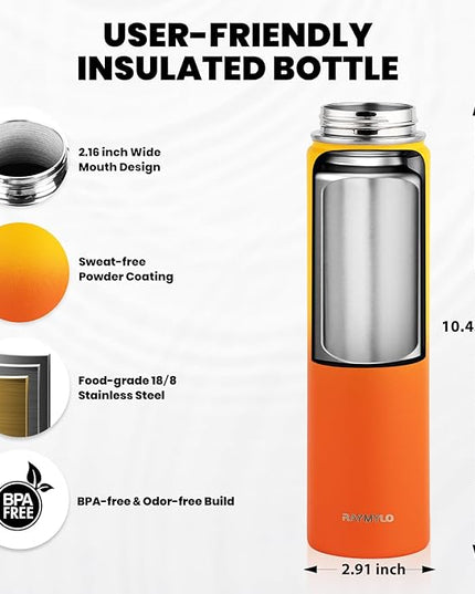 Insulated Water Bottle 24oz, Triple Wall Vacuum Stainless Steel (Cold for 48 Hrs, Hot for 24Hrs), Leak Proof & Non-BPA, 24oz Hydro Water Flask with Paracord Handle & Straw Spout Lids