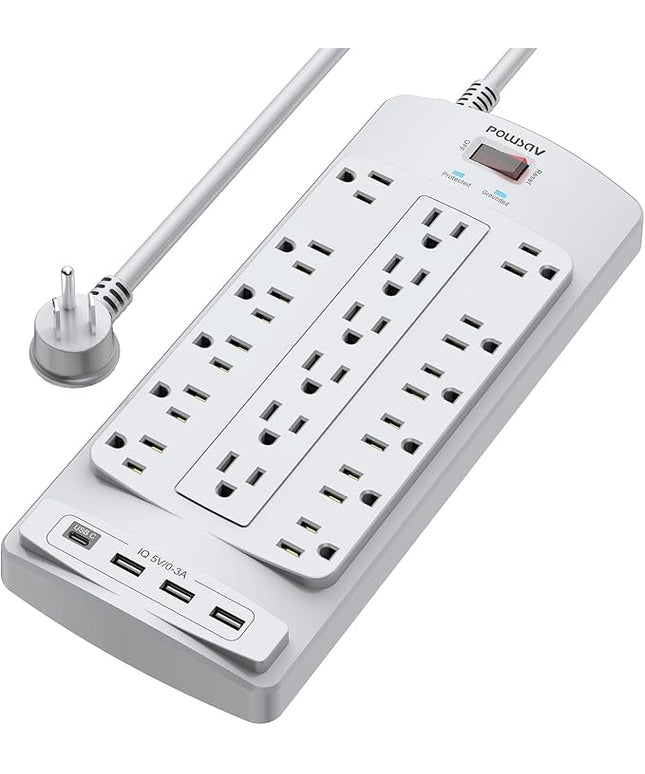 18 Outlets Surge Protector Power Strip - 6 Feet Flat Plug Heavy Duty Extension Cord with 18 Widely Outlets and 4 USB Ports, 2100 Joules, Grey, ETL Listed
