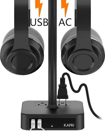 KAFRI Dual Headphone Stand with USB Charger Desk Gaming Double Headset Holder Hanger Rack with 2 USB Charging Port and 2 Outlet - Suitable for Gamer Desktop Table Game Earphone Accessories Gift
