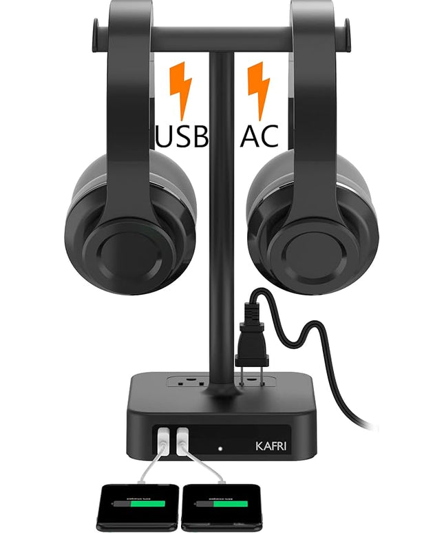 KAFRI Dual Headphone Stand with USB Charger Desk Gaming Double Headset Holder Hanger Rack with 2 USB Charging Port and 2 Outlet - Suitable for Gamer Desktop Table Game Earphone Accessories Gift