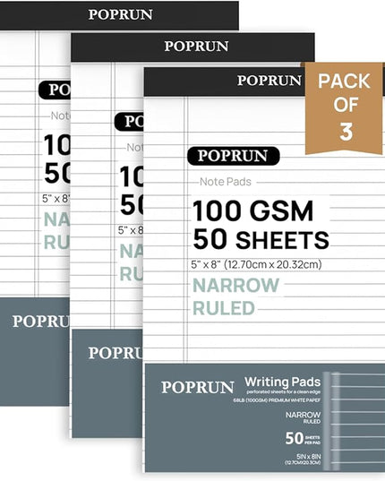 POPRUN Small White Legal Pads 5 x 8 Narrow Ruled, 100GSM Writing Paper Pad, Bulk Lined Notepad Notebooks for Work School, Classroom Office Supplies, 3 Pack