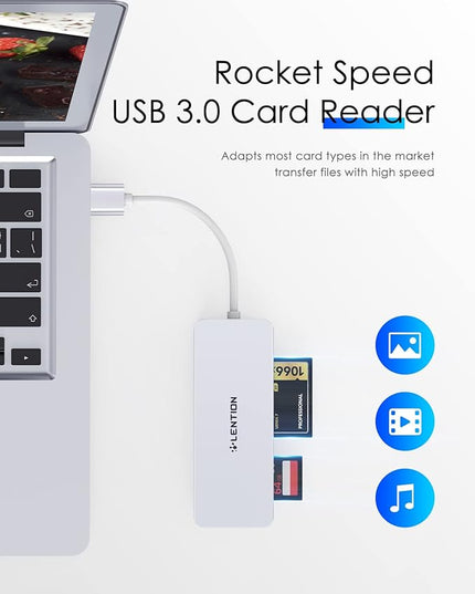 LENTION USB 3.0 to CF/SD/Micro SD Card Reader, SD 3.0 Card Adapter for SDHC/SDXC/MMC/RS-MMC/Micro SDHC/Micro SDXC/CF Type I, Compatible Windows, MacOS, ChromeOS, More (CB-H12, Silver)