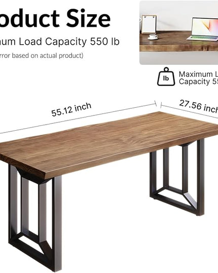 Solid Wood Computer Desk Study Office Desk 55" Writing, Modern Simple Style PC Table, Black Metal Frame, Solid Wood Planks 55" D x 27" W x 29" H for Home Office Bedroom,Rustic Brown