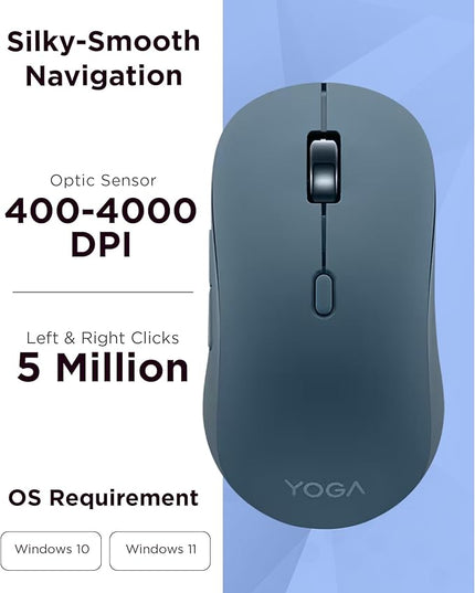 Lenovo Yoga Bluetooth Silent Mouse, 3 Level DPI Adjustment, 36 Month Battery Life, Bluetooth 5.3, 3 Device Paring, Whisper Quiet, Programmable Buttons, Smooth Finish, Tidal Teal