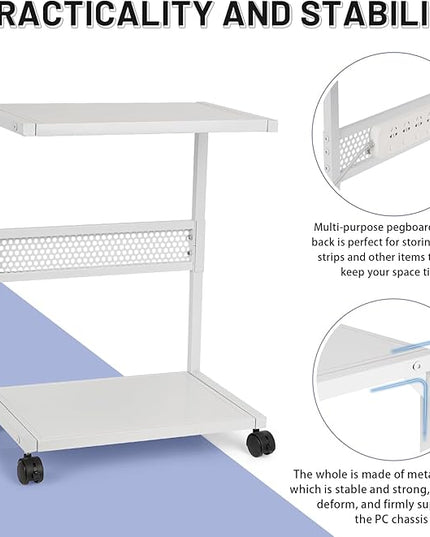 PC Stand Computer Tower Stand 2-Tier Metal CPU Holder with Locking Caster Wheels Suitable for Most PC (S,White)