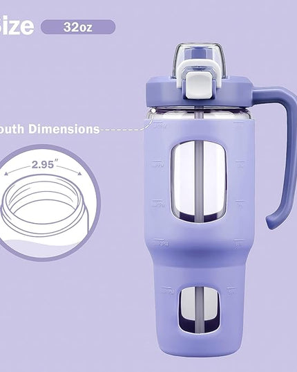32oz Glass Tumbler with Straw Handle and 2-IN-1 Sip & Spout Lid, Reusable Iced Coffee Cup for Smoothie, Matcha, Leakproof Glass Water Bottle with Straw and Silicone Sleeve, BPA Free-Purple