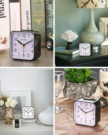 Peakeep Small Battery Operated Analog Travel Alarm Clock Silent No Ticking, Lighted on Demand and Snooze, Beep Sounds, Gentle Wake, Ascending Alarm, Easy Set (Black)