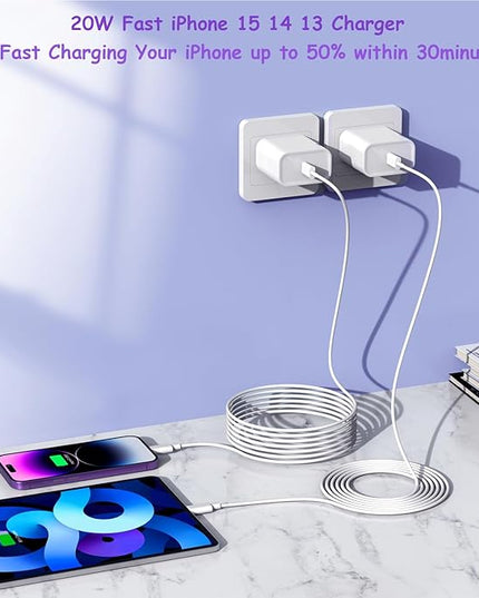 Extra Long 10FT iPhone Fast Charger,i Phone Charger Fast Charging【MFi Certified】2Pack 20W PD Fast USB C Charger Block + 10Foot i Phone Charging Cable Cord for iPhone 15/14/13/12/11/XS/XR/SE2022/8/iPad