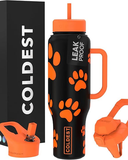 Coldest Tumbler with Handle and Straw, 100% Leak Proof Insulated Tumbler with Lid and Straw (3 Lids), Stainless Steel Tumblers for Women & Men, Cup Holder Friendly Base, 46 oz (Pumkin Paws)