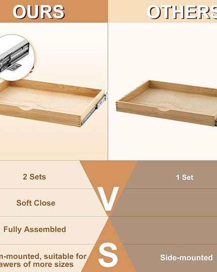 Menkxi 2 Set Pull out Tray Cabinet Organizer Wooden Pull Drawers storage Slide out Pantry Shelf for Base Cabinet Kitchen Gentle Close Fully Assembled Accessories (Wood Color,30'' X 21'' X 3")