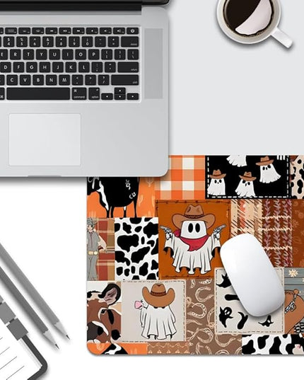 Ghost Cowboy Patchwork Halloween Square Mouse pad, Texture, Waterproof, Anti Slip Rubber Base, Computer Mouse pad, Laptop Mouse pad