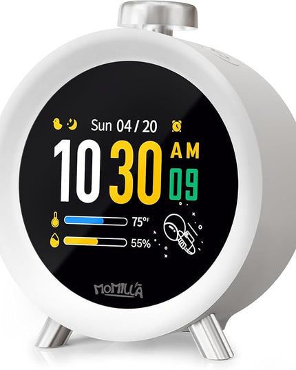 MOMILLA Alarm Clock for Heavy Sleepers, Colorful Screen Temperature, Loud 7-Day Programmable 4 Alarms, Small Clocks Bedrooms for Kids Adults Boys Girls, Easy to Set, Digital White Noise, Hourly Chime