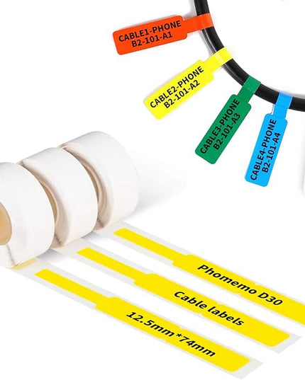 Phomemo D30 Cable Label Colorful Waterproof Wire Cord Labels, (12.5mm X 74mm) 65 Labels/Roll, Tags Stickers Tear Resistant Flexible, Phomemo d30 Label Tape -Black on Yellow Paper, 3 Roll