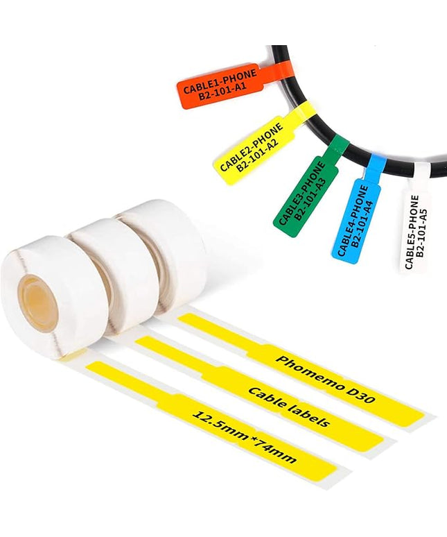 Phomemo D30 Cable Label Colorful Waterproof Wire Cord Labels, (12.5mm X 74mm) 65 Labels/Roll, Tags Stickers Tear Resistant Flexible, Phomemo d30 Label Tape -Black on Yellow Paper, 3 Roll