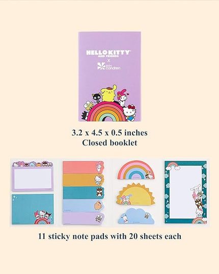 Sticky Note Booklet - Hello Kitty and Friends. 220 Repositionable Sticky Notes Total - 11 Pads with 20 Sheets Each by Erin Condren. Measures 3.2" x 4.5" x 0.5"