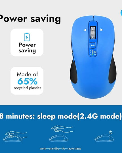 Wireless Bluetooth Mouse (USB + BT1 + BT2), Full Size, 4-Way Scrolling, Multi-Device Silent Mouse for Computer, Laptop, iPad, MacBook (Blue)