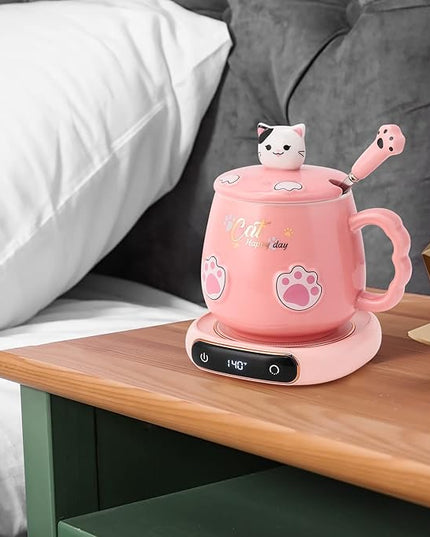Bgbg Coffee Mug Warmer & Cute Cat Mug Set, Electric Beverage Cup Warmer for Desk Home Office with Three Temperature Up to, Coffee Warmer for Cocoa Milk Tea Water Candle, 8 Hours Auto Shut Off