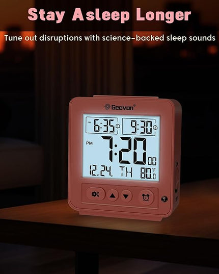Geevon Smart Night Light Small Digital Alarm Clock with 2 Increasing Beep Alarm, Indoor Temperature, Battery Operated Travel Clock for Bedroom, Bedside, Desk(Pink)
