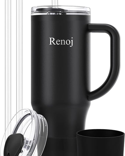 Renoj Tumbler with Handle 100% Spill Resistant Insulated Water Bottle for Iced Coffee & Hot Drinks - Fits Car Cup Holder, Ideal Gift, 2 Straws & Silicone Boot BPA-Free - FlexSlide Black 40 oz