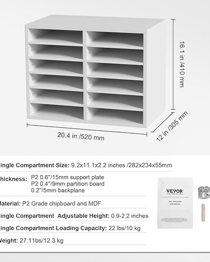 VEVOR Literature Organizers, 12 Compartments Office Mailbox with Adjustable Shelves, Wood Literature Sorter 20.4x12x16.1 inches for Office, Home, Classroom, Mailrooms Organization, EPA Certified White