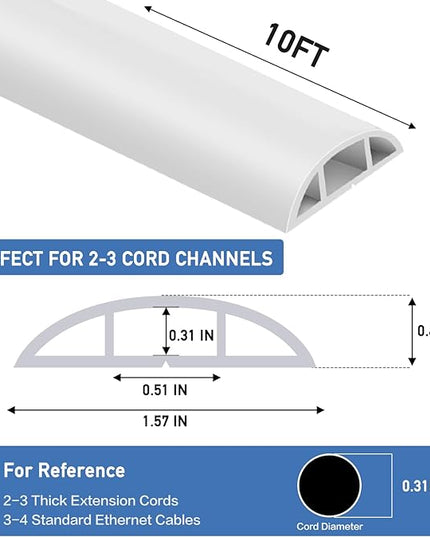 Floor Cord Cover Self Adhesive Cord Hider Floor Extension Cord Covers for Floor Power Cord Protector Cable Management Prevent Cable Trips Cable Cavity 0.51" W x 0.31" H (White, 10Ft)