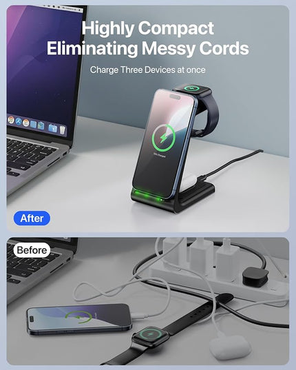 Intoval 3 in 1 Wireless Charging Station for iPhone and Apple Watch,Fast Wireless Charger Stand,Compact Desk Charging Dock for iPhone17 16 15 14 13/Pro/Max, iWatch11 10 9 Ultra/SE 3/4,AirPods