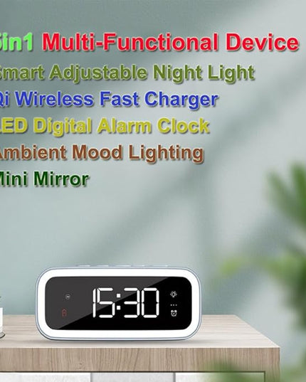 AYI 4in1 Smart Wireless Charging Alarm Clock with Mirror Display | 15W Fast Charger for Phone & Earbuds, 3 Group Alarms, Warm White/Yellow Night Light, Temperature Display Extra USB Port-White