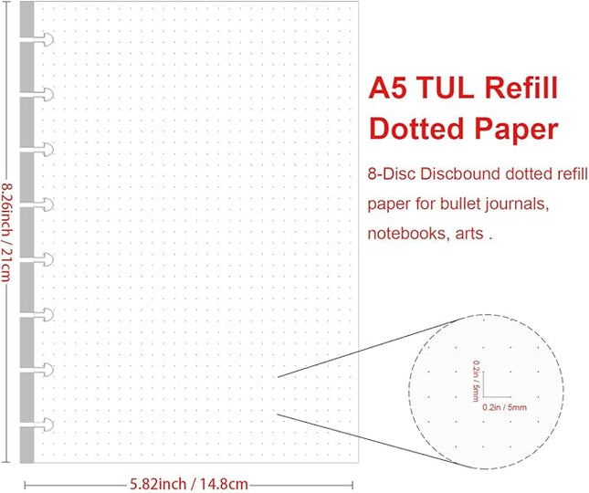 Junior Size TUL Discbound Dotted Refill Paper, 8-Disc Disbound Insert, 100 Sheets/200 Pages Dot Grid Paper, 100gsm White Paper, 5.8'' x 8.2''