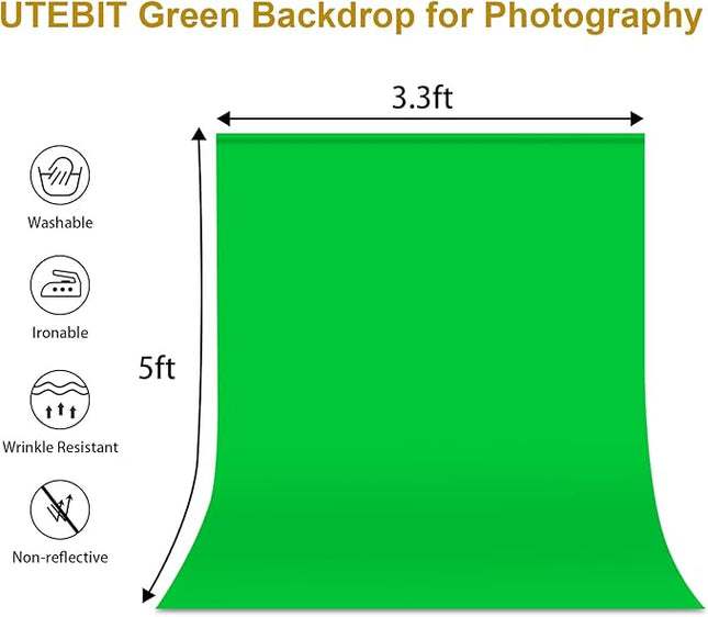 UTEBIT Green Screen Backdrop, 3.3x5 Ft Photography Greenscreen Background for Photo Video Studio, YouTube Video Streaming Zoom, Low Temperature Ironing to Remove Wrinkles