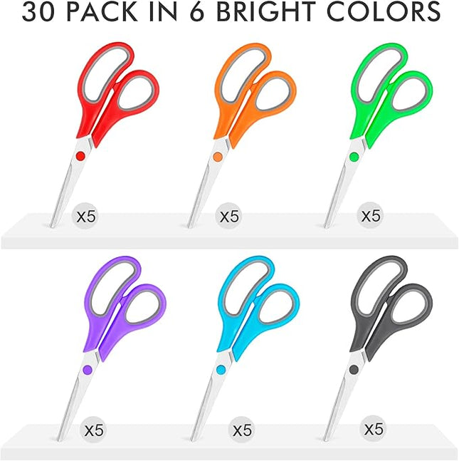 30 Packs Scissors Bulk, 8 Inch Scissors All Purpose Sharp Sewing Fabric Shears for Office Home School Supplies, Middle/High School Student Teacher Classroom Craft Scissor, Comfort Right/Left Handles