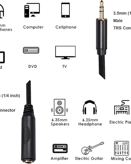 WISYIFIL 1/4 to 3.5mm Headphone Cable Adapter,TRS 6.35mm Female to 3.5mm Male 1/8 to 1/4 Stereo Audio Adapter,for Headphone, Amplifiers, Guitar, Amp etc. Nylon Braided Cable 1ft (30cm)