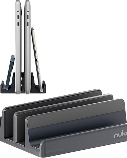 Vertical Laptop Stand - SPACEMax Adjustable GRIPLock Anti-Tip Silicone 4 Slots Aluminum Desktop Holder - Double Dock Stand - 2 Phone Slots Fits Up to 17.3” Laptops, Tablets, Phones - Gray