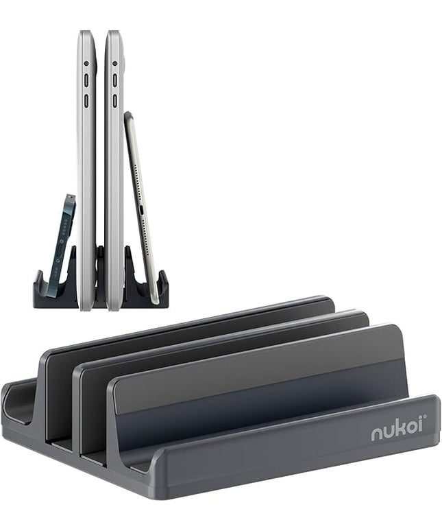 Vertical Laptop Stand - SPACEMax Adjustable GRIPLock Anti-Tip Silicone 4 Slots Aluminum Desktop Holder - Double Dock Stand - 2 Phone Slots Fits Up to 17.3” Laptops, Tablets, Phones - Gray