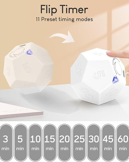 Pomodoro Timer - 11 Preset Productivity Timer, Ring/Vibrate Mode Cube for Cooking, Learning, Exercise and Beauty - White