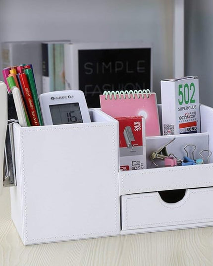 KINGFOM Desk Organizer Office Supplies Caddy Pu Leather Multi-function Storage Box Pen/Pencil,Cell phone, Business Name Cards Remote Control Holder with Small Drawer White
