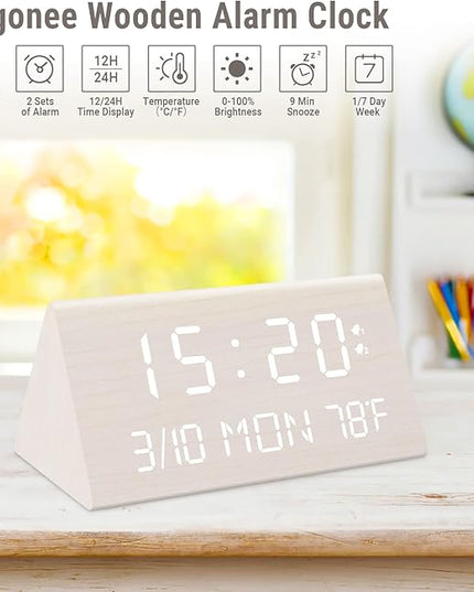 Kogonee Wooden Digital Alarm Clock, 0-100% Dimmer, 2 Alarm Settings, Weekday/Everyday Mode, 9 Mins Snooze, 12/24H, Temperature and Date Display for Office, Travel, Bedroom Alarm Clock (White)
