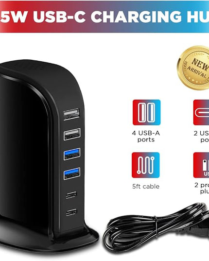 USB C Charger Block Upoy, Chargers for Multiple Devices Dual Type C 45W Total, 6 Ports USB Charging Station for iPhone, Ipad, Iwatch, Desk Accessories & Workspace Organizers