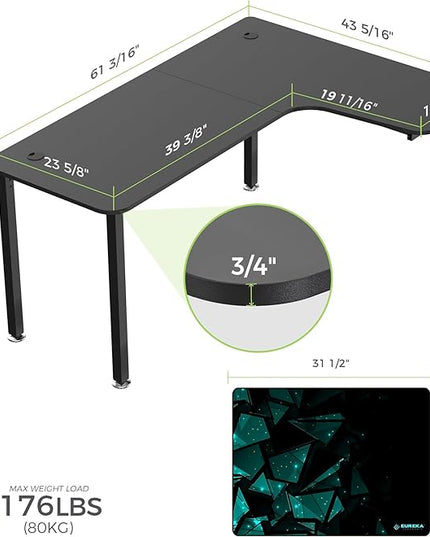 EUREKA ERGONOMIC 60 Inch Black Corner L Shaped Computer Desk, Home Office Gaming Study Work Writing Table Long Large Sturdy Workstation Simple Modern with Metal Legs, Right Side