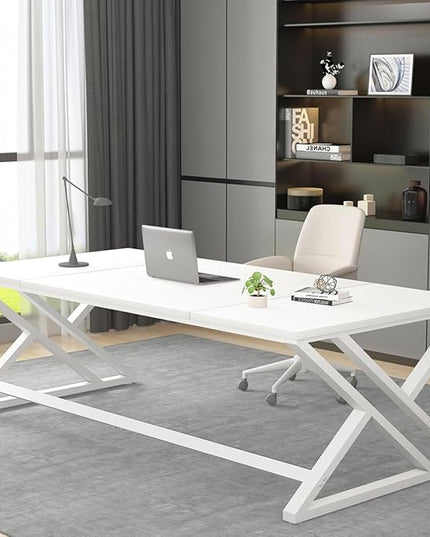LVB White Long Computer Desk, Modern Large Wood Metal Office Desk, Farmhouse Pc Study Work Writing Desk for Two Person, Rustic Double Workstation Executive Desk for Home Bedroom Living Room, 70 Inch