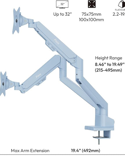 Pixio PS1D Wave Blue Dual Monitor Arm Stand Desk Mount - Fits up to 32 inches Monitors and up to 19.8lbs. VESA Compatibility and Integrated Cable Management